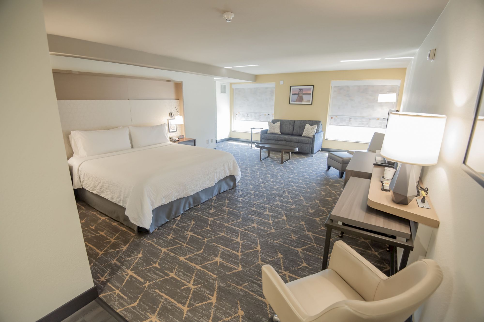 The image shows a modern hotel room with a bed, armchair, sofa, desk, lamp, and a wall-mounted TV. The room has rugs and a large window.